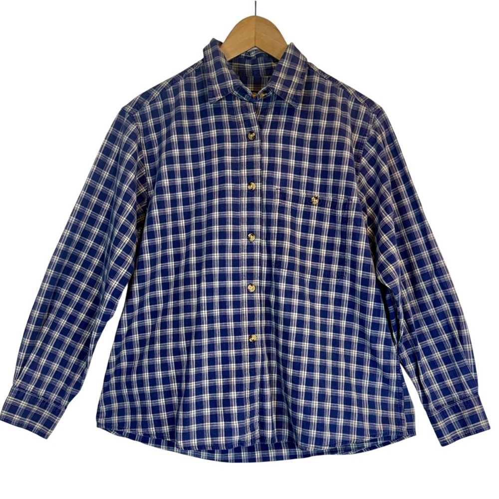 Cabela's Womens Shirt Blue Plaid Button Down Long Sleeve 100% Cotton Large